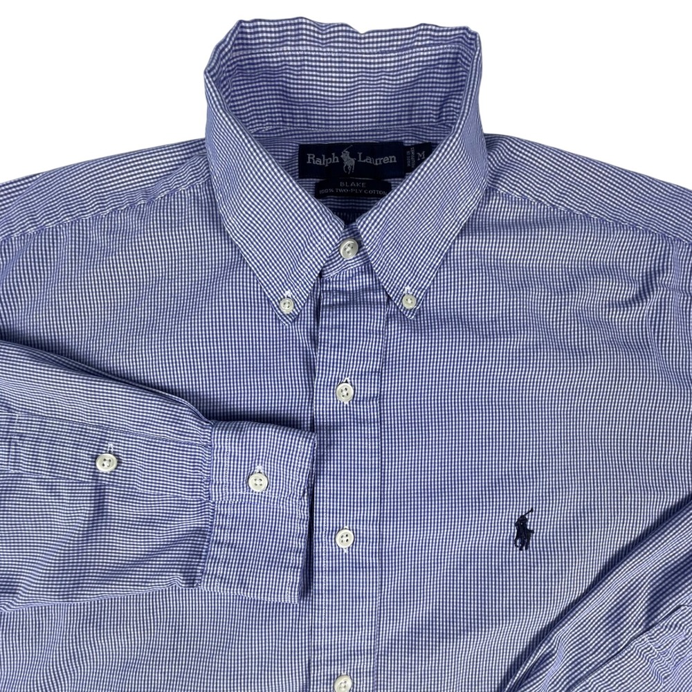 Ralph Lauren Blake Button Down Mens M Blue Gingham Two-Ply Cotton Long Sleeve